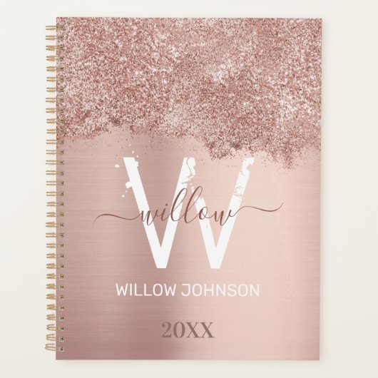 Roos Gold Blush Pink Girly Glitter Dust Monogram Planner (Voorkant)