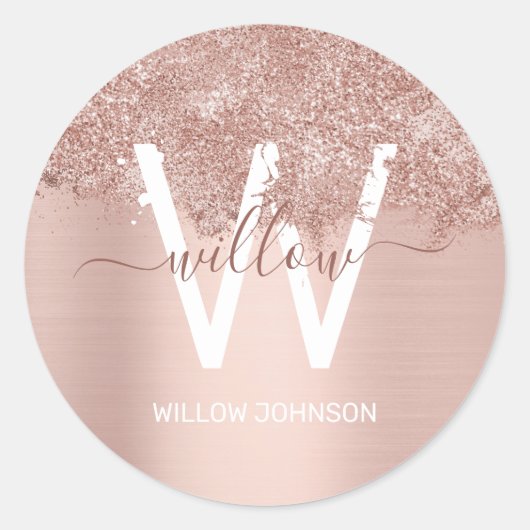 Roos Gold Blush Pink Girly Glitter Dust Monogram Ronde Sticker (Voorkant)