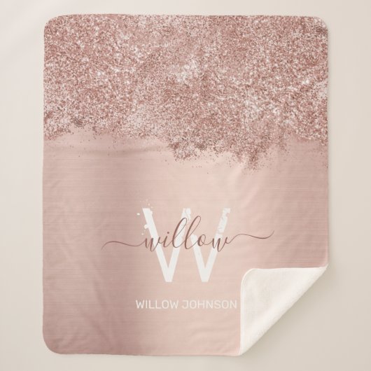 Roos Gold Blush Pink Girly Glitter Dust Monogram Sherpa Deken (Voorkant)