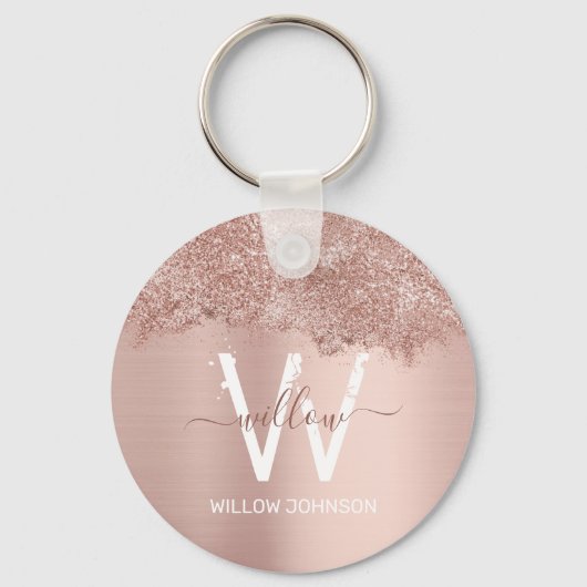 Roos Gold Blush Pink Girly Glitter Dust Monogram Sleutelhanger (Voorkant)