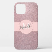Roos Gold Blush Pink Girly Glitter Monogram Naam Case-Mate iPhone Case (Achterkant)