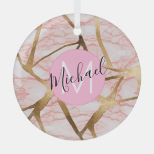Roos Gold Blush Pink Girly Glitter Monogram Naam Glas Ornament