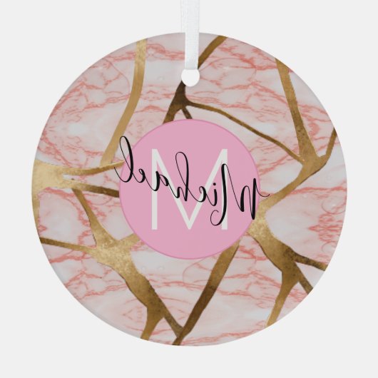 Roos Gold Blush Pink Girly Glitter Monogram Naam Glas Ornament (Achterkant)