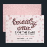 Roos Gold Blush Pink Glitter 21st Birthday Kaart<br><div class="desc">Elegant ontwerp "21st Birthday Party Save the Date" met Roos Gold Blush Pink Ballonletters & Glitter confetti en aangepaste naam en tekst met details. Druk uw familie en vrienden in met dit stijlvolle en glamoureuze design. Eenvoudig te gebruiken en eenvoudig aan te passen. Bestel vandaag nog!</div>