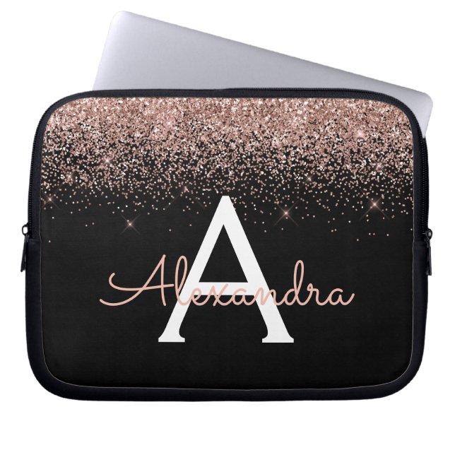 Roos Gold Blush Pink Glitter and Sparkle Monogram Laptop Sleeve (Voorkant)