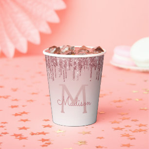 Roos Gold Blush Pink Glitter and Sparkle Monogram Papieren Bekers