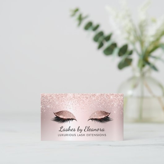 Roos Gold Blush Pink Glitter Lash Extensions Visitekaartje (Staand voorkant)