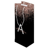 Roos Gold - Blush Pink Glitter Luxe Monogram Wijn Cadeautas (Achterkant Gekanteld)