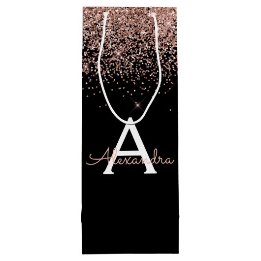 Roos Gold - Blush Pink Glitter Luxe Monogram Wijn Cadeautas (Achterkant)
