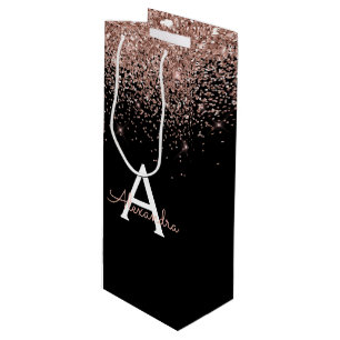 Roos Gold - Blush Pink Glitter Luxe Monogram Wijn Cadeautas