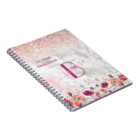 Roos Gold - Blush Pink Glitter Marble Monogram Notitieboek (Rechterzijde)