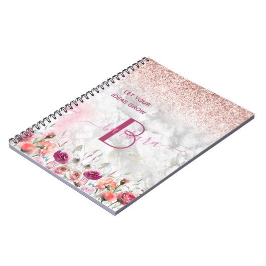 Roos Gold - Blush Pink Glitter Marble Monogram Notitieboek (Linkerzijde)
