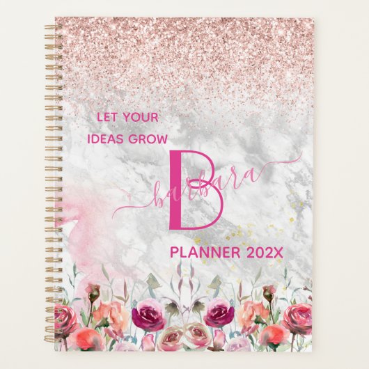 Roos Gold - Blush Pink Glitter Marble Monogram Planner (Voorkant)