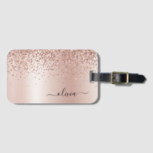 Roos Gold - Blush Pink Glitter Metal Monogram Naam Bagagelabel
