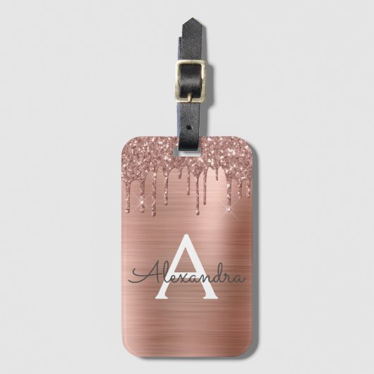 Roos Gold - Blush Pink Glitter Metal Monogram Naam Bagagelabel (Voorkant (verticaal))