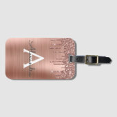 Roos Gold - Blush Pink Glitter Metal Monogram Naam Bagagelabel (Voorkant (horizontaal))