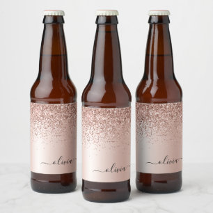 Roos Gold - Blush Pink Glitter Metal Monogram Naam Bier Etiket
