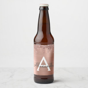 Roos Gold - Blush Pink Glitter Metal Monogram Naam Bier Etiket