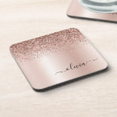 Roos Gold - Blush Pink Glitter Metal Monogram Naam Bier Onderzetter (Linkerzijde)