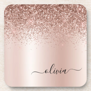 Roos Gold - Blush Pink Glitter Metal Monogram Naam Bier Onderzetter