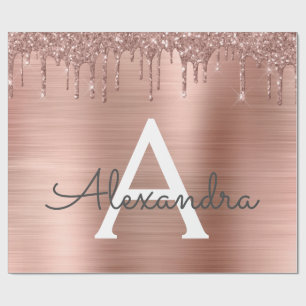 Roos Gold - Blush Pink Glitter Metal Monogram Naam Cadeaupapier
