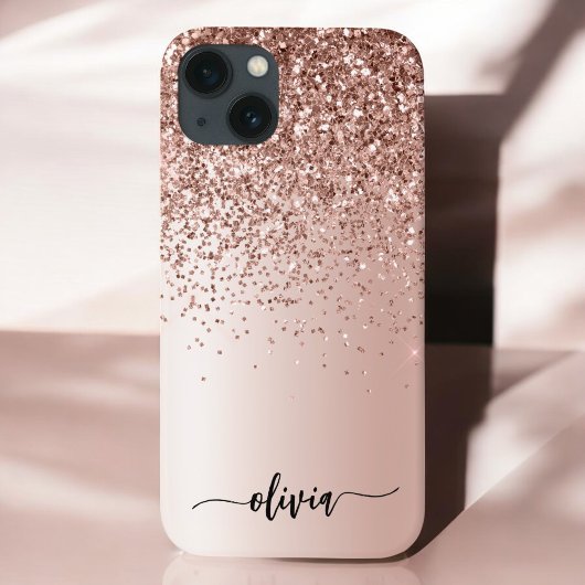 Roos Gold - Blush Pink Glitter Metal Monogram Naam Case-Mate iPhone Case