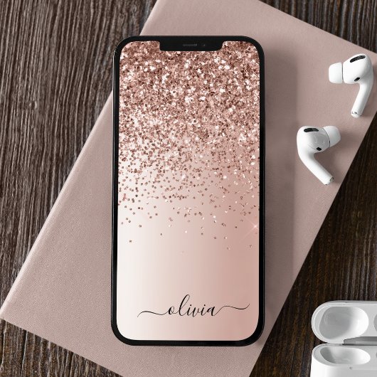 Roos Gold - Blush Pink Glitter Metal Monogram Naam Case-Mate iPhone Case