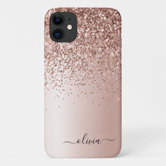 Roos Gold - Blush Pink Glitter Metal Monogram Naam Case-Mate iPhone Case (Achterkant)