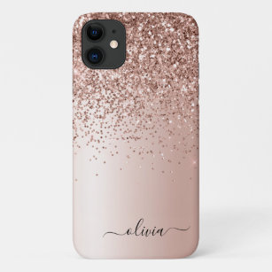 Roos Gold - Blush Pink Glitter Metal Monogram Naam Case-Mate iPhone Case