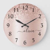 Roos Gold - Blush Pink Glitter Metal Monogram Naam Grote Klok (Voorkant)