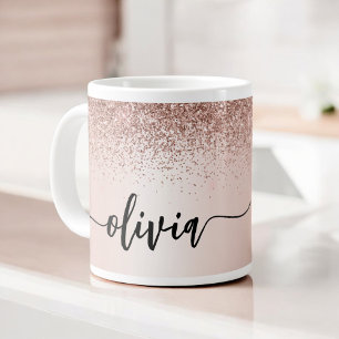 Roos Gold - Blush Pink Glitter Metal Monogram Naam Grote Koffiekop