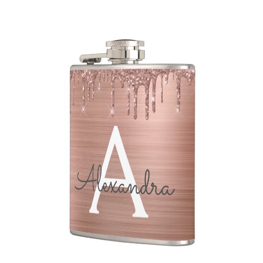 Roos Gold - Blush Pink Glitter Metal Monogram Naam Heupfles (Links)