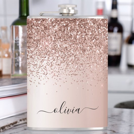 Roos Gold - Blush Pink Glitter Metal Monogram Naam Heupfles
