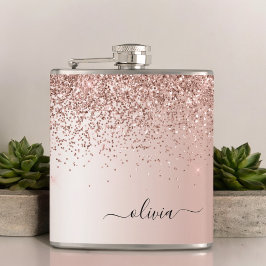Roos Gold - Blush Pink Glitter Metal Monogram Naam Heupfles