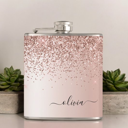 Roos Gold - Blush Pink Glitter Metal Monogram Naam Heupfles