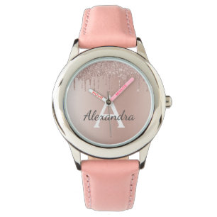 Roos Gold - Blush Pink Glitter Metal Monogram Naam Horloge