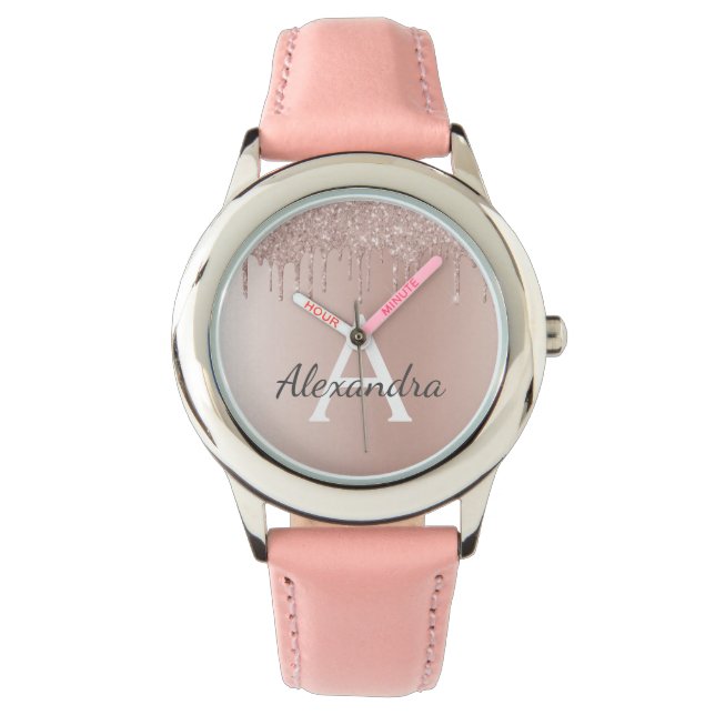 Roos Gold - Blush Pink Glitter Metal Monogram Naam Horloge (Voorkant)