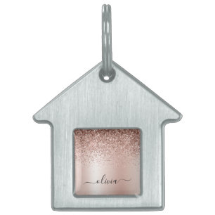 Roos Gold - Blush Pink Glitter Metal Monogram Naam Huisdieren Naamplaatje