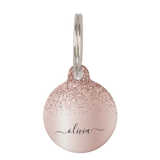 Roos Gold - Blush Pink Glitter Metal Monogram Naam Huisdierpenning (Voorkant)