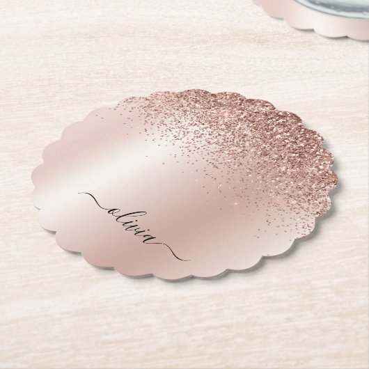 Roos Gold - Blush Pink Glitter Metal Monogram Naam Kartonnen Onderzetters (Gekanteld)