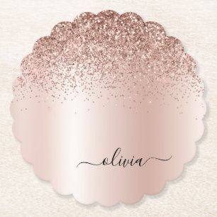 Roos Gold - Blush Pink Glitter Metal Monogram Naam Kartonnen Onderzetters