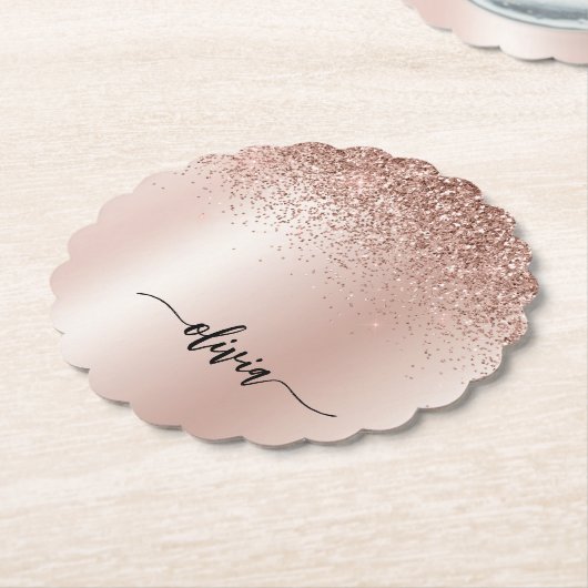 Roos Gold - Blush Pink Glitter Metal Monogram Naam Kartonnen Onderzetters (Gekanteld)