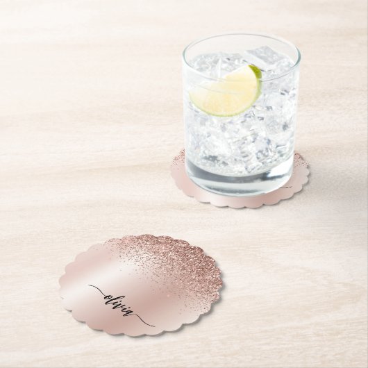 Roos Gold - Blush Pink Glitter Metal Monogram Naam Kartonnen Onderzetters (Insitu)
