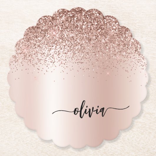 Roos Gold - Blush Pink Glitter Metal Monogram Naam Kartonnen Onderzetters (Voorkant)