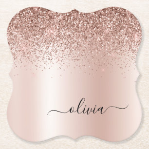 Roos Gold - Blush Pink Glitter Metal Monogram Naam Kartonnen Onderzetters