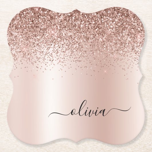 Roos Gold - Blush Pink Glitter Metal Monogram Naam Kartonnen Onderzetters (Voorkant)