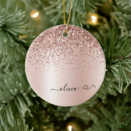 Roos Gold - Blush Pink Glitter Metal Monogram Naam Keramisch Ornament