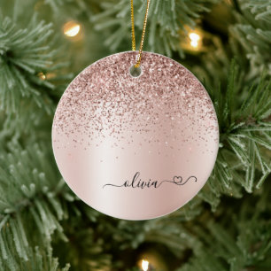 Roos Gold - Blush Pink Glitter Metal Monogram Naam Keramisch Ornament