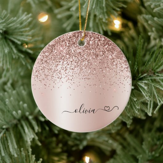 Roos Gold - Blush Pink Glitter Metal Monogram Naam Keramisch Ornament (Boom)