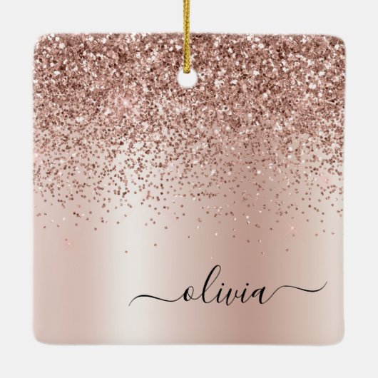 Roos Gold - Blush Pink Glitter Metal Monogram Naam Keramisch Ornament (Achterkant)
